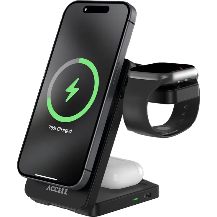 Accezz 3-in-1 Faltbares Kabelloses MagSafe Ladegerät, 20 Watt, für iPhone, iWatch und AirPods, Schwarz