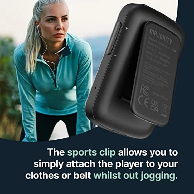 Bluetooth MP3 Player mit Sport-Clip für Kinder | Kopfhörer Inklusive | 16GB Interner Speicher, Erweiterbar auf bis zu 128GB | 34 Stunden Akkulaufzeit, 33g Gewicht | USB-Laden | MAJORITY MP3-Player – Bild 5