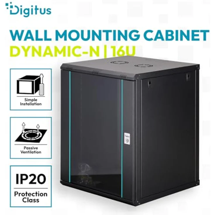 DIGITUS Netzwerkschrank 19-Zoll Rack 16HE, unmontiert, Wandmontage, 600 mm Tiefe, 60 kg Traglast, schwarze Sicherheitsglastür, Dynamic-N Serie – Bild 2