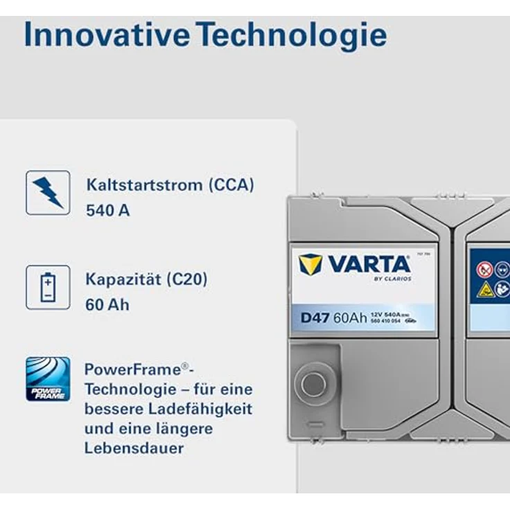 Varta D47 Blue Dynamic, 12V Autobatterie 60Ah/540A, Wartungsfrei, Kompakte Maße 232x173x229 mm – Bild 4