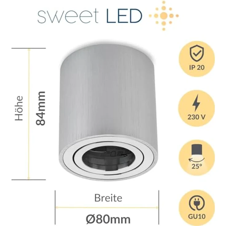 Sweet Led Aufbauleuchte Aufbaustrahler Deckenleuchte Aufputz mit GU10 Fassung 230V Alu-gebüstet schwenkbar Deckenleuchte Strahler Deckenlampe Aufbau-lampe Downlight aus Aluminium (Rund-Silber-alu) – Bild 3