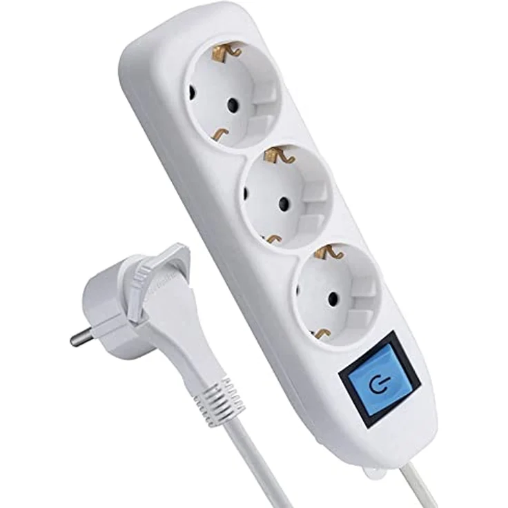 Electraline 62442, Steckdosenleiste 3-Fach mit Schalter, Kabel 3m / Mehrfachsteckdose/Tischsteckdose Steckerleiste, Weiß, 3 M mit mit extra flachem, platzsparendem Stecker – Bild 2