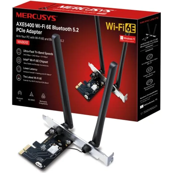 MERCUSYS Mercusys MA86XE Tri-Band WLAN-Karte mit 5400Mbps WiFi 6E und Bluetooth 5.2, Intel Wi-Fi 6E Chipsatz, WPA3, MU-MIMO, OFDMA Unterstützung, für Windows 10, 11