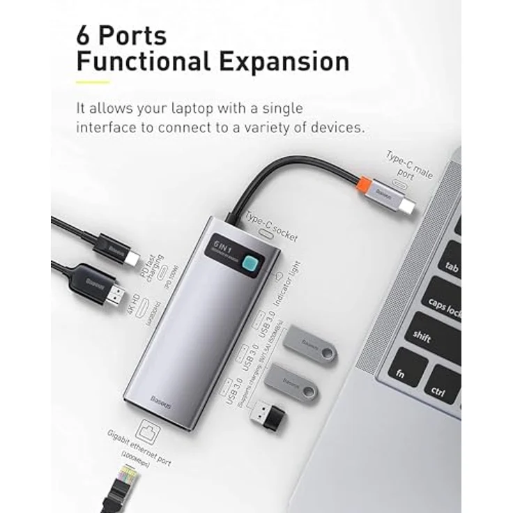 Baseus Metal Gleam 6 in 1 Multifunktions-PC/Phone Hub Adapter Grau, USB Type C Eingang, USB Type A 3.0 X 3 Ausgang, Reisegröße – Bild 2