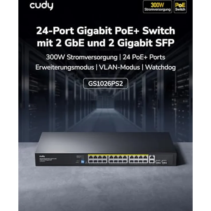 Cudy GS1026PS2, 24 Gigabit Ethernet Unmanaged PoE+ Switch mit 300W, 24 PoE+ Ports, 2 Gigabit SFP und 2 Uplink-Ports, VLAN-Modus, 19-Zoll-Rackmontage, 802.3af/at – Bild 2