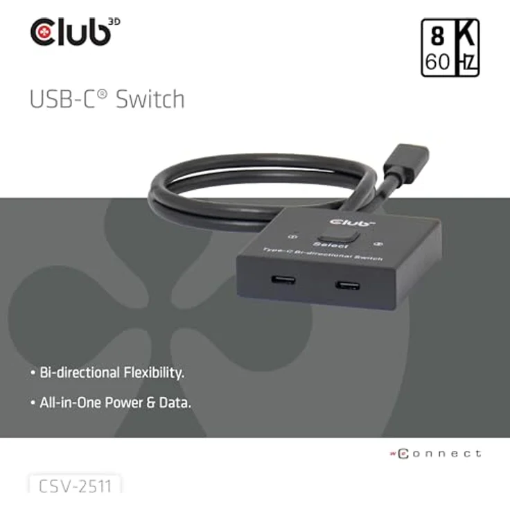 club3D CSV-2511 USB-C® Umschalter, bidirektional, 8K Auflösung, 10 Gbps Datenübertragung, PD 3.0 Unterstützung – Bild 3