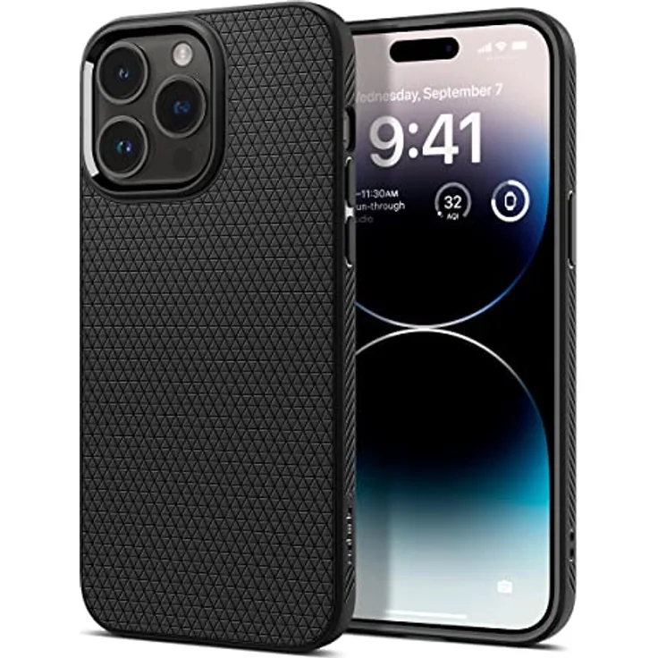 Spigen für iPhone 14 Pro Liquid Air Hülle Case Handyhülle - Matte Black - Gemustertes TPU, Air Cushion Technologie, Truss-muster und Spider Web, Schutzrand