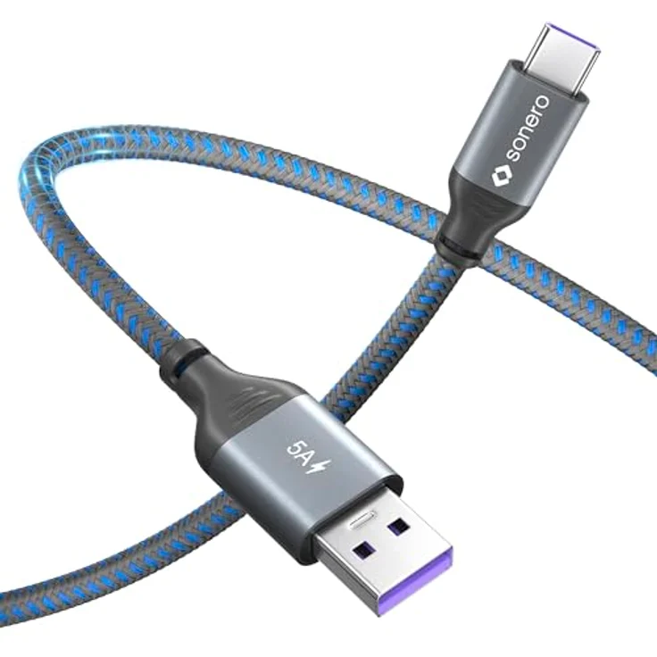 Sonero® USB-C auf USB-A Ladekabel, Schnellladekabel 5V/5A, Typ C Kabel 2.0, grau/blau, 0,25m – Bild 2