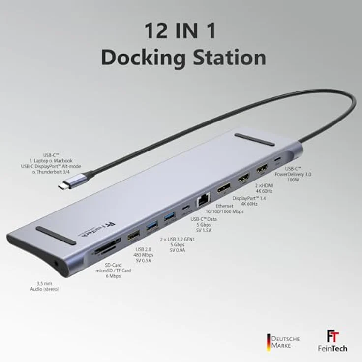 FeinTech CX301 USB-C Dockingstation 12-in-1 Triple Display mit 4K 60Hz, 2x HDMI, 1x DisplayPort, Gigabit Ethernet, 100W Power Delivery – Bild 4