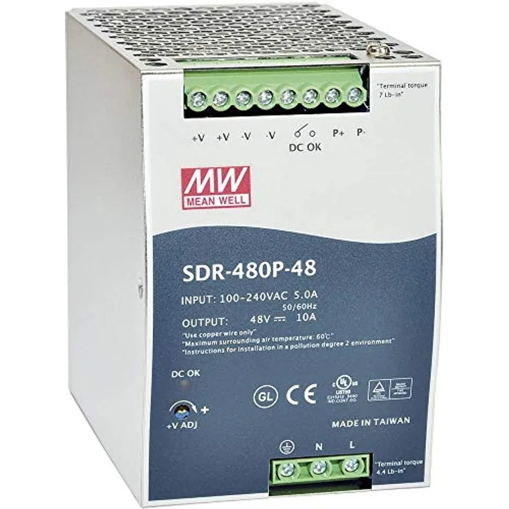 Mean Well SDR-480P-48, Industrie-DIN-Schienen-Netzteil, 480 W, 48 V, 10 A, Einzelausgang, hohe Effizienz 94%, aktive PFC, Schutzfunktionen
