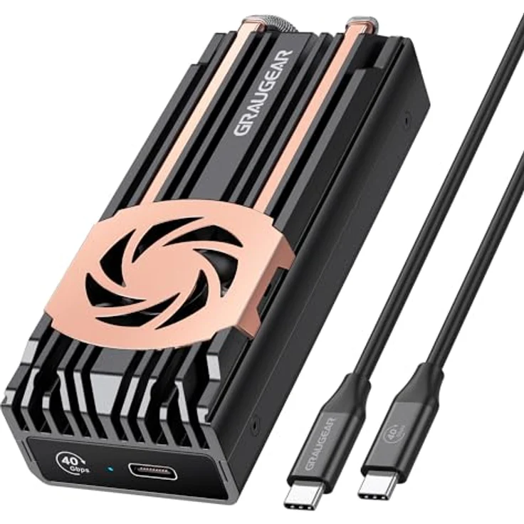 GRAUGEAR 40Gbps M.2 NVMe SSD Aluminiumgehäuse USB4.0 bis zu 3811MB/s, Kompatibel mit Thunderbolt4 für M-Key 2280 PCIe Gen4x4 SSD, Heatpipe Kühler mit Lüfter, Grau – Bild 1