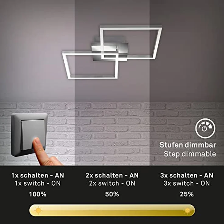 Briloner Leuchten LED Deckenleuchte drehbar, Deckenlampe dimmbar, 24 Watt, 1.800 Lumen, 3.000 Kelvin, chrom-silberfarbig, W, 620x368x73mm (LxBxH) – Bild 3