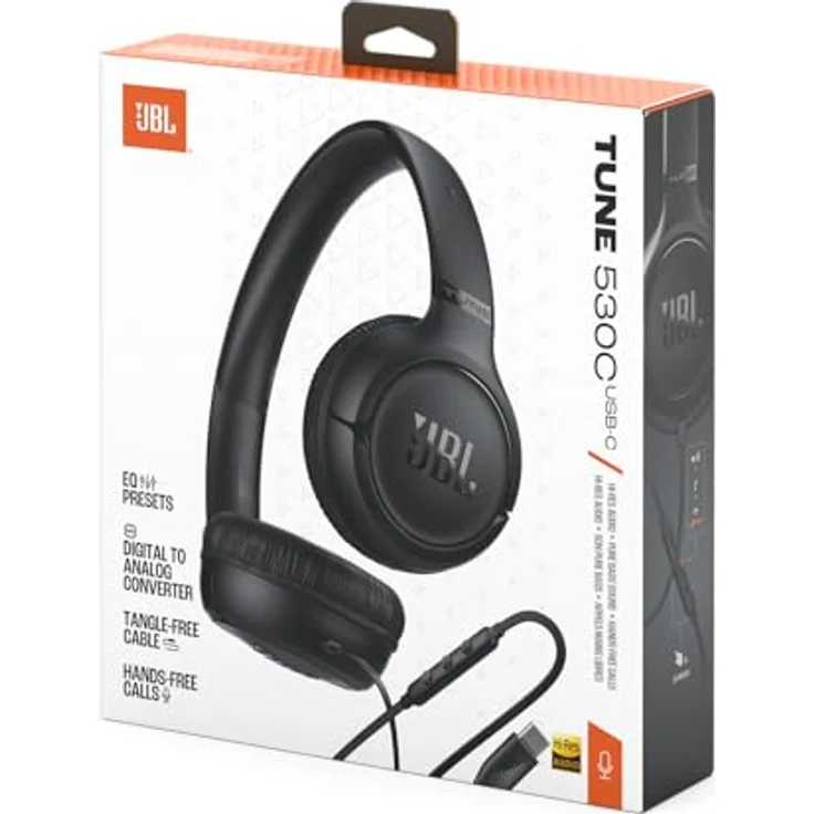 JBL Tune 530 C, kabelgebundene On-Ear-Kopfhörer mit Mikrofon, JBL Pure Bass Sound, EQ-Presets, USB-C-Anschluss, faltbares Design, Schwarz – Bild 2