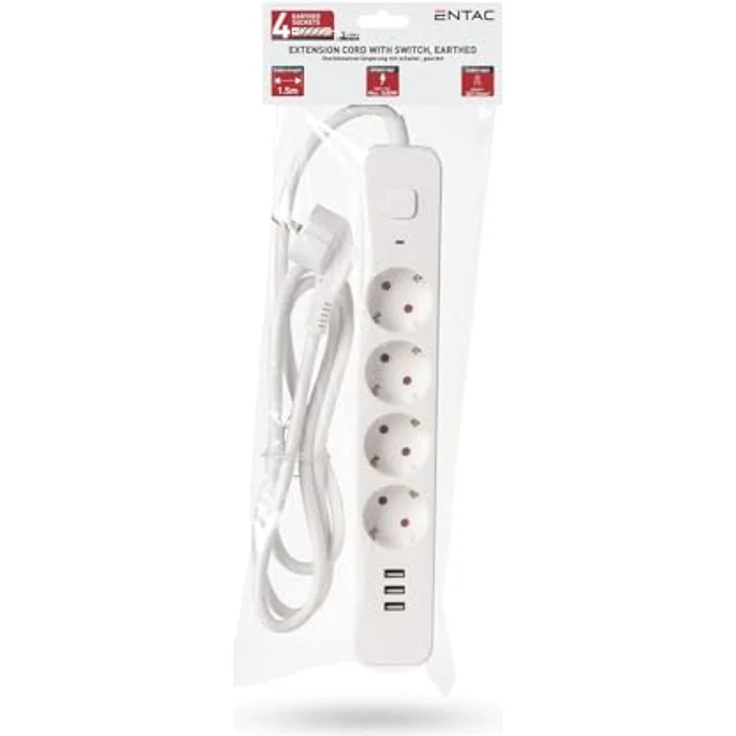 Entac Steckdosenleiste 4-Fach mit 3x USB-A Anschlüssen, 1,5m Kabel, Weiß für Zuhause und Büro – Bild 2
