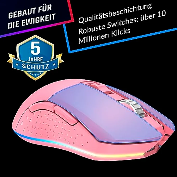 KLIM Blaze, Wiederaufladbare kabellose RGB Gaming Maus mit hochpräzisem Sensor, bis zu 10000 DPI, Ergonomisches Design, Kabel- und Funkmodus, Rosa – Bild 4