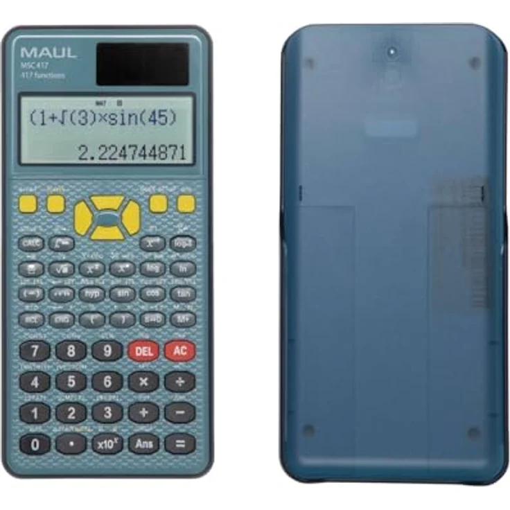 MAUL MSC 417, Wissenschaftlicher Taschenrechner mit 417 Funktionen, zweizeilig, aus 80% recyceltem Kunststoff, Solar/Batterie, schwarz/blau, inkl. Hardcover-Etui – Bild 2