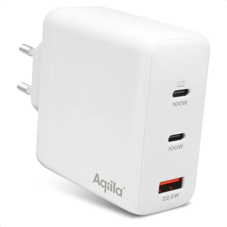 Aqiila Chargebird W4 USB-C Ladegerät 120W | Schnellladegerät GaN, PD, PPS, Quick Charge | 2X USB-C, 1x USB-A | 100-240V | Laptop geeignet | Kompaktes Design | Weiß