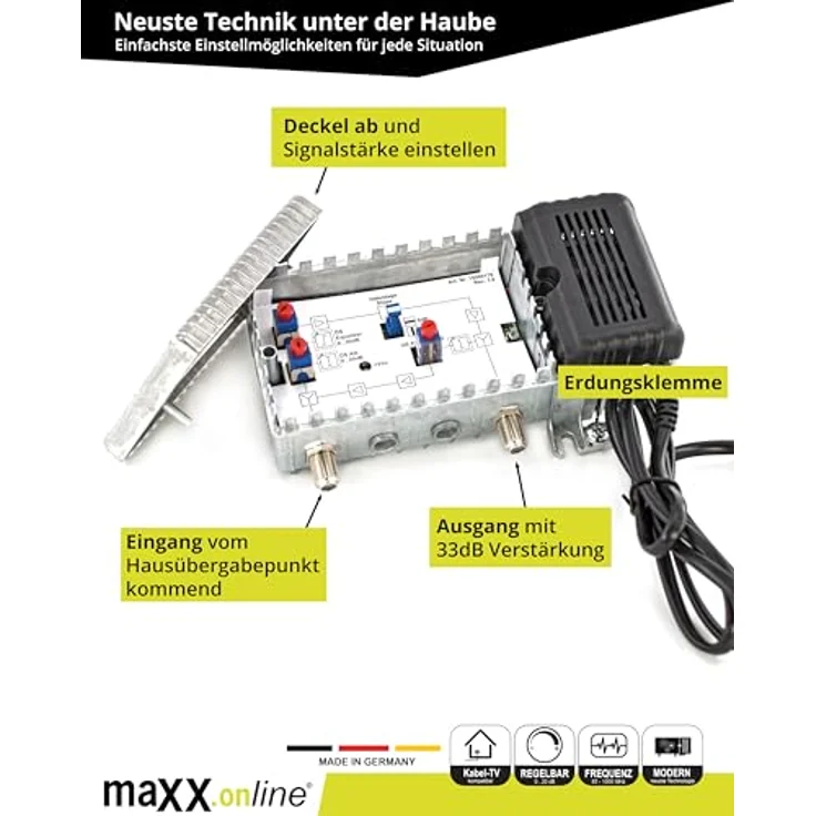 maxx.onLine Antennenverstärker für Kabelfernsehen 33 dB Verstärkung mit Rückkanal 1 GHz, DVB-T2, Hausanschlussverstärker DVB-C, Hausverstärker, Kabel Verstärker in Schwarz – Bild 3
