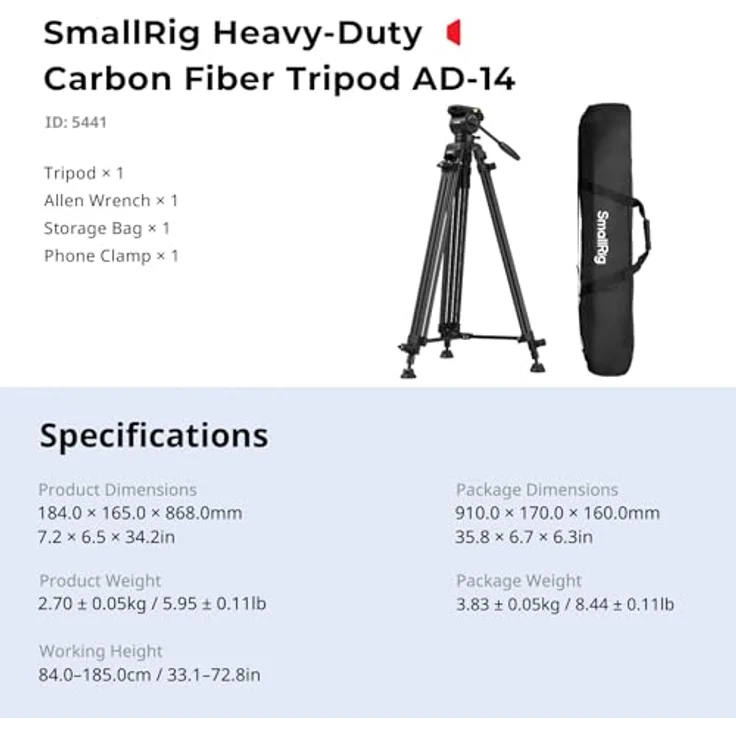 SmallRig 5441 AD14, Heavy-Duty Carbon Fiber Tripod für Smartphone-/Digital-Kamera, schwarz – Bild 9