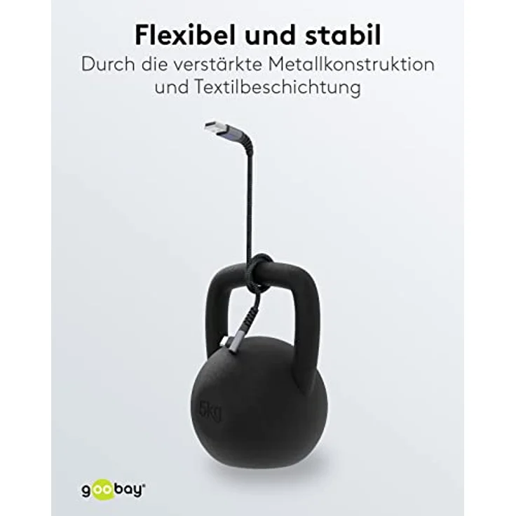 goobay 64655 USB C auf USB A Kabel mit 90 Grad Winkel/Handykabel 480 Mbits/USB C Schnellladekabel 60W & 20V / Textilkabel Grau 0,5m – Bild 4
