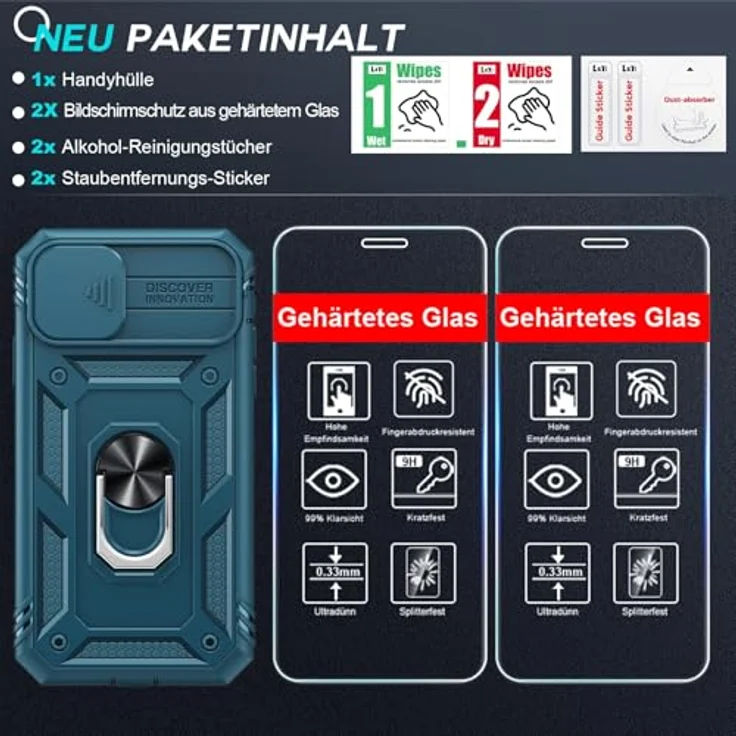 LeYi Hülle für iPhone 13 mit 360° Ringständer, 2X Panzer Glas, Kameraschutz Schiebe, blau – Bild 5
