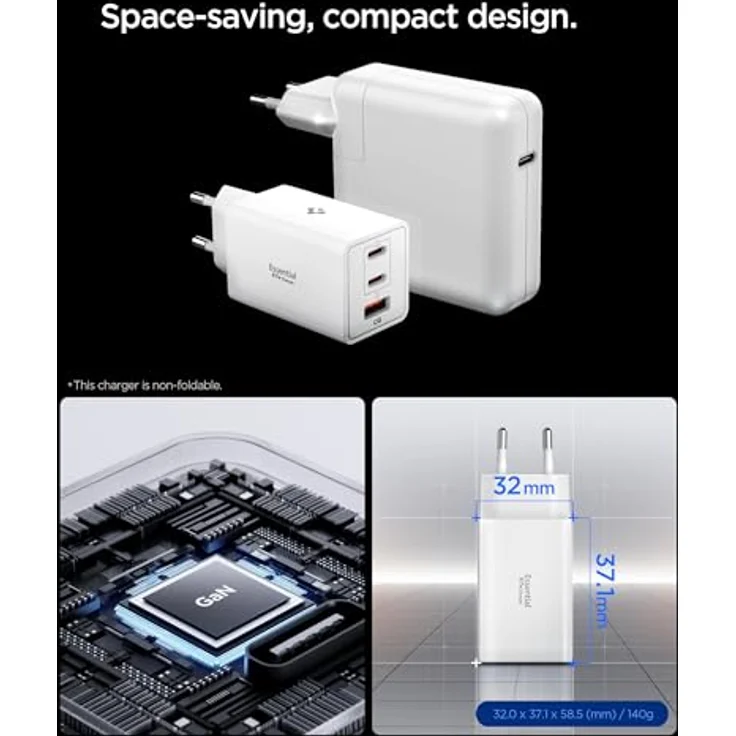 Spigen ArcStation Essential GaN 67W 3-Port USB-C & A Ladegerät, PPS Schnellladegerät mit PD 3.0 und Quantum-Boost-Technologie, Weiß – Bild 4