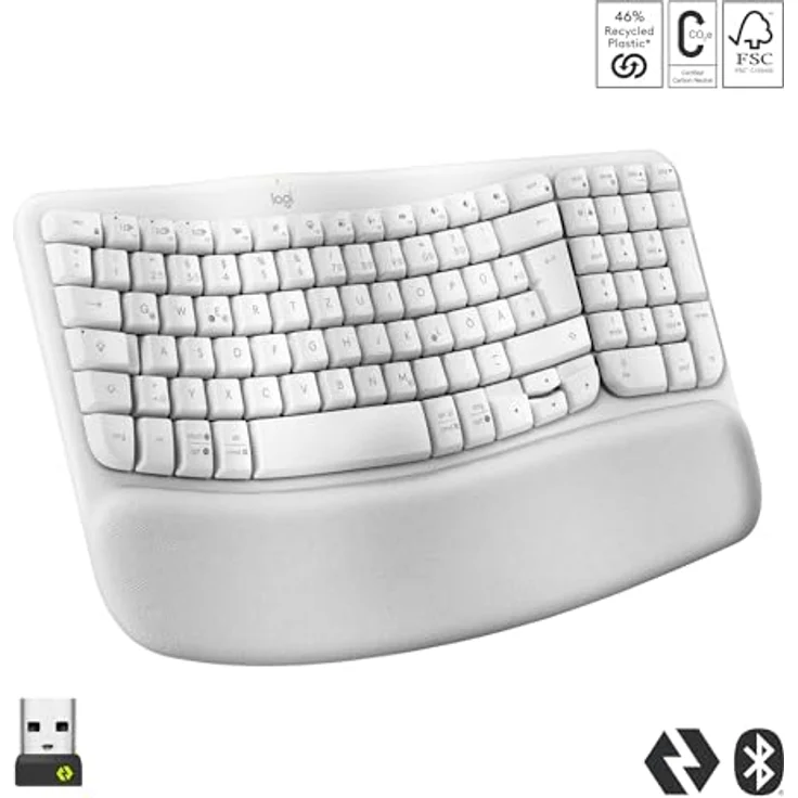 Logitech Wave Keys kabellose ergonomische Tastatur, gepolsterte Handballenauflage, komfortables natürliches Tippen, Easy-Switch, Bluetooth, Logi Bolt, Multi-OS,Windows/Mac,Deutsches QWERTZ Layout-Weiß – Bild 2