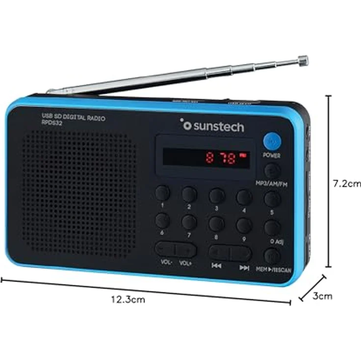 Sunstech RPDS32BL tragbarer Digitalradio (AM-FM PLL, Lautsprecher, USB, SD, MMC, 1,5 W RMS), Blau – Bild 5