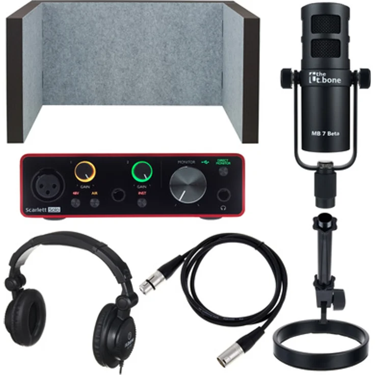 the t.bone MB 7 Beta Podcast Pro Bundle, Mikrofon-Set mit t.akustik Absorber, Focusrite Scarlett Solo, und Millenium DS-20 Ständer