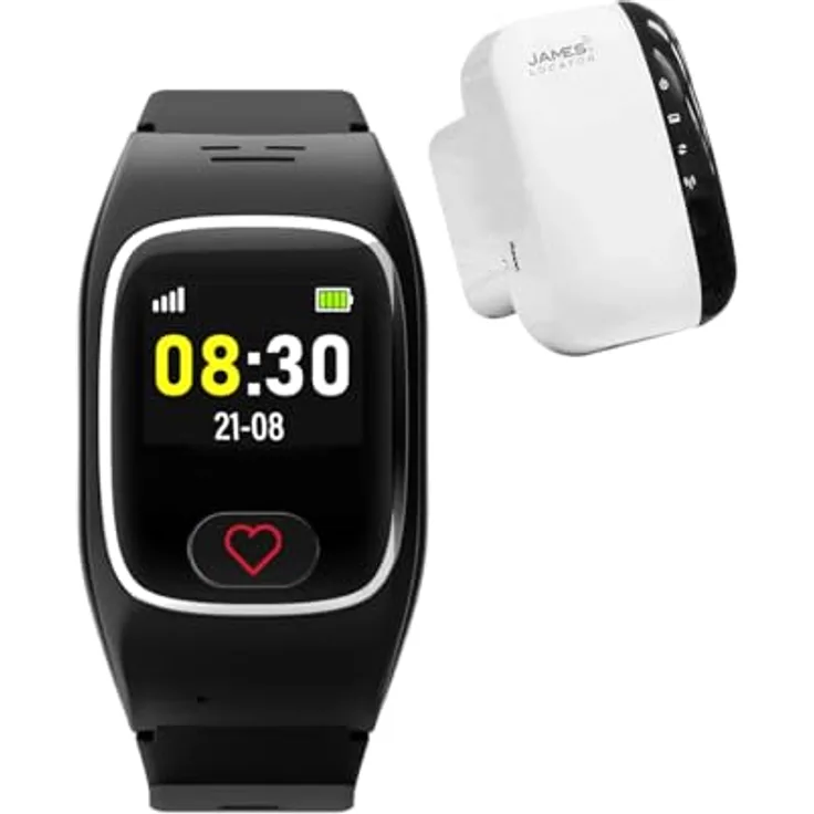 James B8 Notrufuhr Locator, Indoor-Tracking mit SOS-Notruf, GPS-Ortung, Sturzmelder, Geofence, IP67 Wasserschutz, 24/7 Alarmzentrale, AMOLED-Display, Schwarz, Premium Box