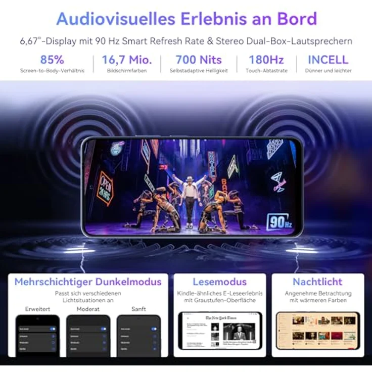 OSCAL Tiger 13 5G Handy ohne Vertrag, 24GB+256GB/2TB, 6.67" HD+, 50MP AI Kamera, 4K Video, 18W Schnellladung/5000mAh, Face ID/Fingerprint/OTG/NFC-Blau – Bild 4