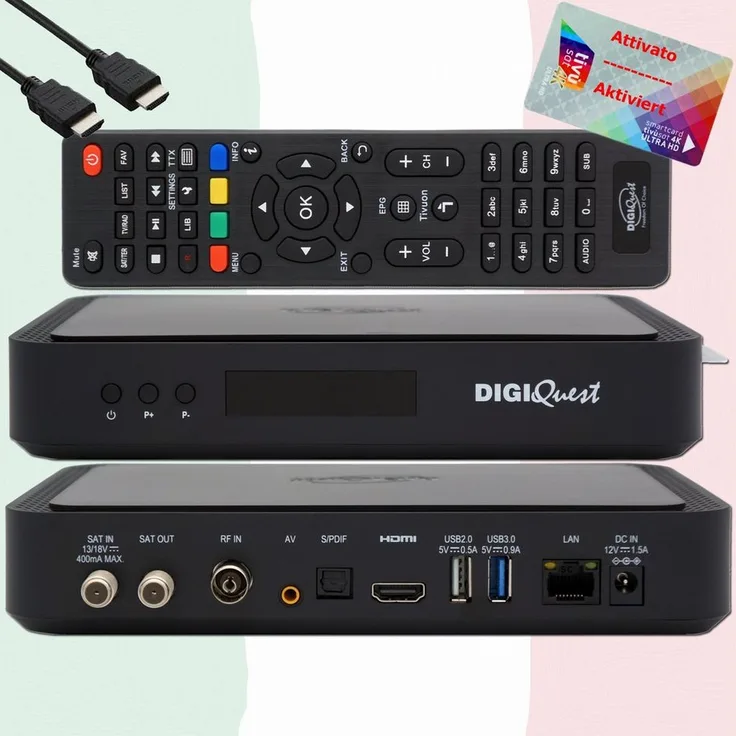DIGIQuest Q90 4K H.265 SAT-Receiver mit aktivierter TivuSat Karte, Ultra HD, PVR, DVB-S2/T2, HDMI, Dolby Digital