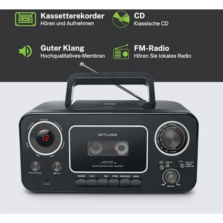 Muse M-182 Stereo-Radio mit CD-Player und Kassetten-Recorder mit Aufnahme-Funktion, Batteriebetrieb möglich (UKW und MW-Tuner, AUX-Eingang, Teleskopantenne), schwarz – Bild 3