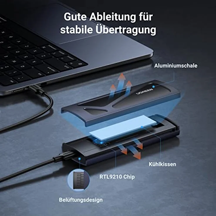 UGREEN NVMe M.2 Gehäuse USB 3.2 Adapter - 10 Gbps für NVMe SSD in Schwarz mit Kühlkissen - Werkzeuglose Montage – Bild 5