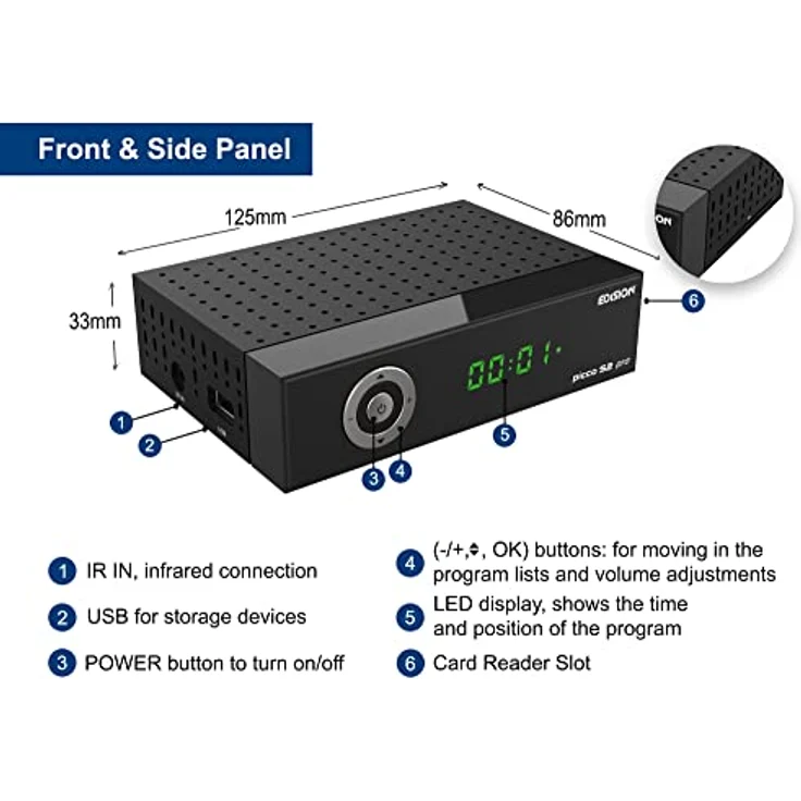 EDISION Picco S2 pro Full HD Satelliten Receiver DVB-S2 H.265 HEVC, WLAN on Board, Multistream, HDMI, SCART, SPDIF, USB, IR, Kartenleser, Universal 2in1 Fernbedieung – Bild 3