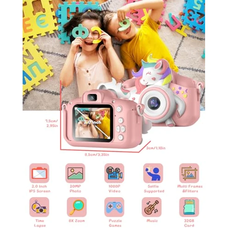 Gofunly Kinderkamera 1080P, Digitalkamera mit 2,0-Zoll-Bildschirm und 32GB-Karte für Kinder, rosa-weißes Pferd, ideal als Geburtstags- und Weihnachtsgeschenk – Bild 2