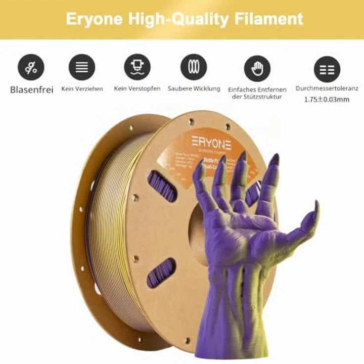 ERYONE Matte PLA 3D Drucker Filament 1.75mm, Dualfarbig Gelb & Lila, 1kg, tangle-free mit starker Schichtadhäsion und mattem Finish – Bild 4