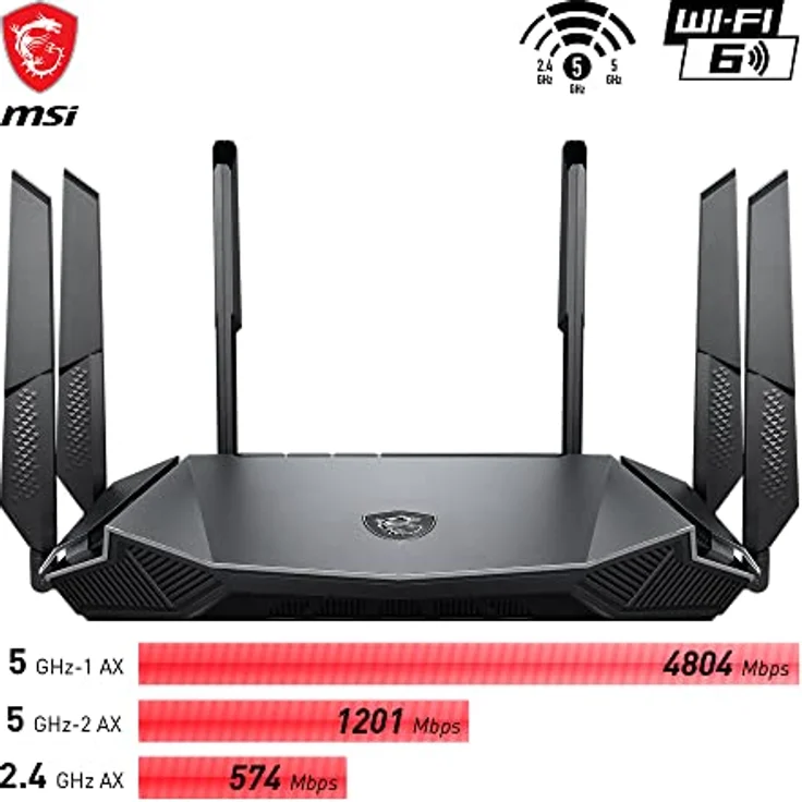 MSI Radix AX6600 WiFi 6 Tri-Band Gaming Router - Schnelles WLAN mit bis zu 6600 Mbit/s (5GHz, 2,4GHz Wireless), AI QoS Priority, MU-MIMO, Beamforming, WPA3, 2.5G WAN/LAN & 4X 1G LAN Anschlüsse – Bild 2