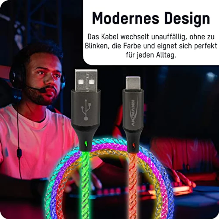 Ansmann Ladekabel 100 cm USB-A auf USB Typ C mit coolem, pulsierendem LED-Licht/Ruhiger Farbwechsel, ganz ohne störendes Blinken/Echter Hingucker für Gamer, Kfz Innenraum, Schlafzimmer – Bild 3