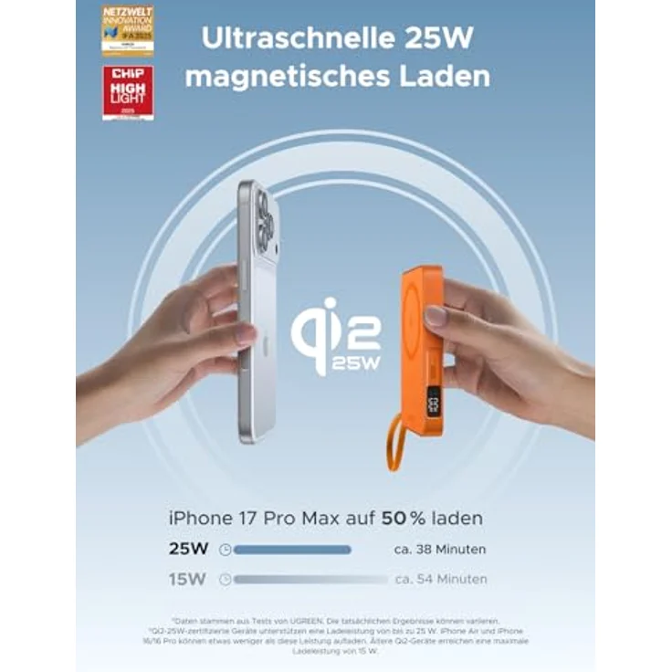 UGREEN MagFlow Magnetische Powerbank 10000mAh 25W, Qi2 Magsafe mit USB-C und integriertem Kabel, LED-Bildschirm, für iPhone 16-17 Serie, Orange – Bild 2