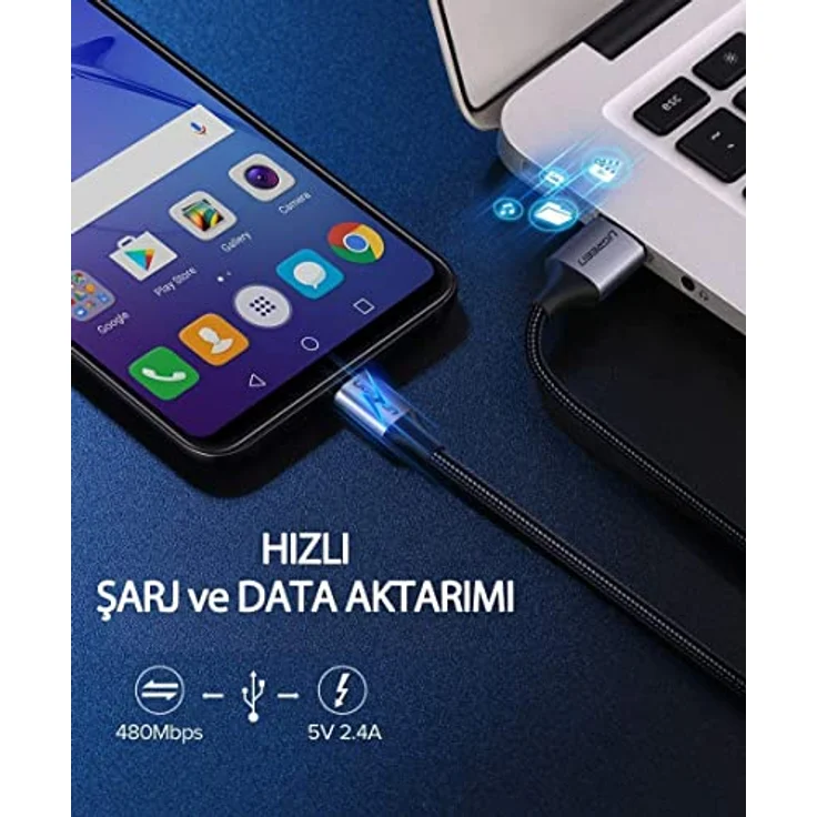 Ugreen USB-A auf Micro-USB Ladekabel 2.4A, 1 Meter, Grau - Schnelles Laden & Datenübertragung, haltbares Nylonmaterial – Bild 3