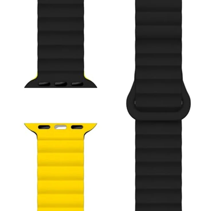 NALIA Core Magnet Armband für Apple Watch Ultra/SE/10/9/8/7/6/5/4/3/2/1, Atmungsaktives Silikon Loop mit Rillendesign, Farbe: Nachtschwarz Gelb, 42/44/45/46/49mm – Bild 1