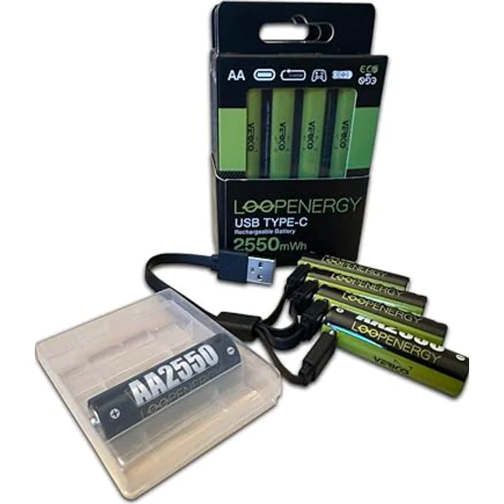 VERICO LoopEnergy AA 2550 Wiederaufladbare USB-C Batterie 12er Pack - Schnellladung in 2 Stunden - Mit 3x USB-A auf 4x USB-C Kabeln – Bild 3