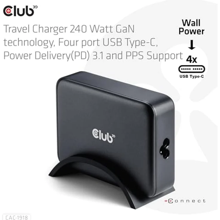 Club 3D CAC-1918 Reiseladegerät, 240W 4xUSB Typ-C mit Power Delivery und GaN-Technologie, Schwarz – Bild 6