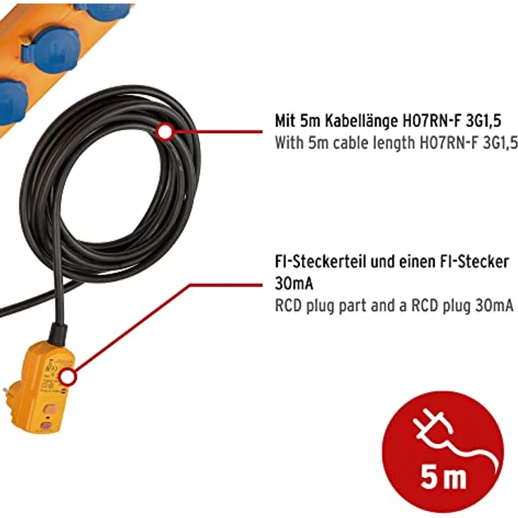 Brennenstuhl Super-Solid SL 544 D FI Steckdosenverteiler-Outdoor Steckdosenleiste (für den Baustelleneinsatz und den ständigen Einsatz im Freien, 5-fach, 5m Kabel, FI-Stecker, IP54) gelb – Bild 4