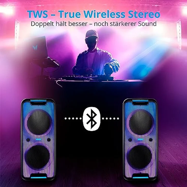 MEDION P61080 Party-Soundsystem (Partylautsprecher inkl. Mikrofon, Karaoke, Akku, Bluetooth, True Wireless Stereo, 2X 450 Watt, Farbige LED, 2X USB, 2X AUX, 2X Mikrofonanschluss, Kompaktanlage) – Bild 5