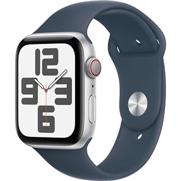 Apple Watch SE (2. Generation) GPS + Cellular, 44 mm Aluminiumgehäuse Silber, Sportarmband Sturmblau – S/M – Bild 1