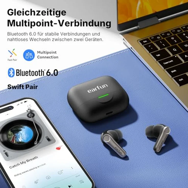 EarFun Air Pro 4+ Bluetooth Kopfhörer, Noise Cancelling, Hi-Res Audio, 54 Std. Akku, Multipoint, IP55, schwarz – Bild 8