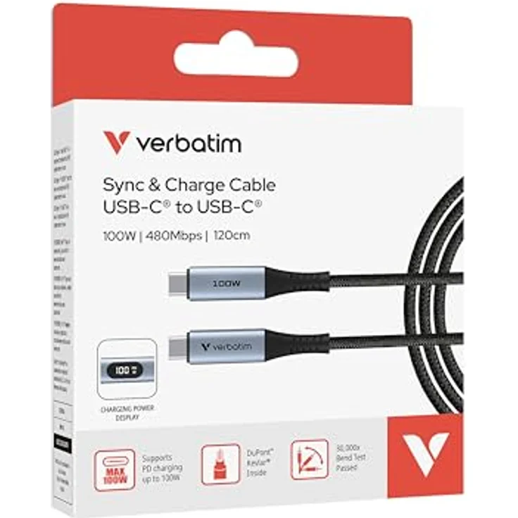 Verbatim USB-C Kabel, 1x USB-C Stecker - 1x USB-C Stecker, 1.2 m, ultraschnelles Laden bis 100 W, Aramidfaser-Kern, robuste Metalllegierungs-Stecker – Bild 5