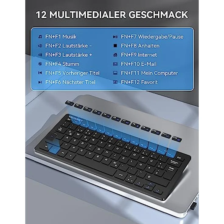 TeckNet X315 Ultra Slim Kabellose Mini Tastatur (QWERTZ, 2.4 GHz, 84 Tasten) Schwarz – Bild 6